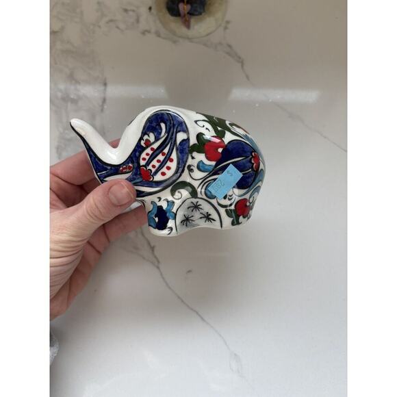 Hand Made Ceramic Elephant Floral Blue Red Green 5 in - Picture 3 of 9